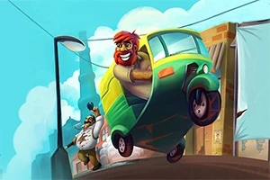 Một người đàn ông có râu cười lái một chiếc xe tuk-tuk xanh vàng đang nâng bánh trong khi một người đàn ông khác đang đuổi theo dưới bầu trời xanh với một tòa nhà nền