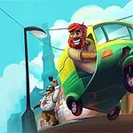 Một người đàn ông có râu cười lái một chiếc xe tuk-tuk xanh vàng đang nâng bánh trong khi một người đàn ông khác đang đuổi theo dưới bầu trời xanh với một tòa nhà nền