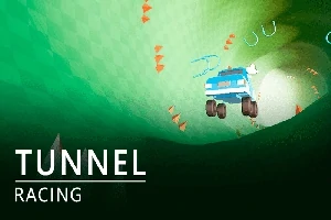 Một xe mô hình đua trong đường hầm màu xanh lá cây, với các mũi tên và vòng lặp chỉ hướng