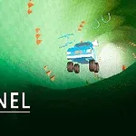 Một xe mô hình đua trong đường hầm màu xanh lá cây, với các mũi tên và vòng lặp chỉ hướng