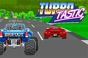 Xe tải lớn màu xanh và xe thể thao màu đỏ đang đua trên đường với logo Turbotastic ở góc trên