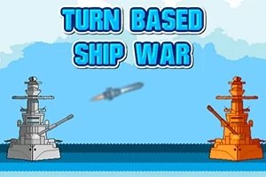 Hai tàu chiến hoạt hình đối diện nhau trên biển với chữ Turn Based Ship War phía trên