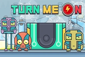Ba nhân vật robot hoạt hình đứng trước dòng chữ TURN ME ON trong một bối cảnh công nghệ