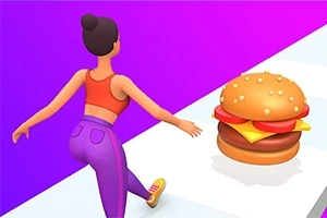 Nhân vật hoạt hình nữ chạy về phía một chiếc bánh hamburger lớn trên nền có màu sắc rực rỡ