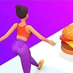 Nhân vật hoạt hình nữ chạy về phía một chiếc bánh hamburger lớn trên nền có màu sắc rực rỡ