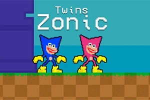 Hai nhân vật hoạt hình màu xanh và hồng đứng trên nền đất pixel với chữ Twins Zonic phía trên