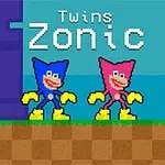 Hai nhân vật hoạt hình màu xanh và hồng đứng trên nền đất pixel với chữ Twins Zonic phía trên
