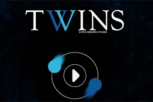 Chữ TWINS với font chữ nổi bật trên nền đen, có hai vòng tròn trung tâm và biểu tượng nút phát ở giữa