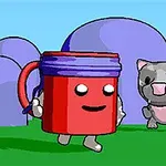 Một chiếc cốc đỏ có khuôn mặt tươi cười đang đi bộ trên cỏ, xung quanh là những chú mèo xám phía trước các bụi cây màu tím