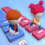 Hai nhân vật hoạt hình đang bước trên các khối màu xanh và hồng xếp thành hàng có chữ cái in trên đó