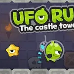 Tiêu đề UFO Run: The Castle Tower với hình ảnh UFO màu xanh lá cây bay qua và ba ngôi sao vàng trên nền tường gạch xám