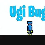 Một nhân vật pixel màu xanh đứng trên nền đen, với chữ Ugi Bugi màu xanh phía trên