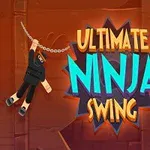 Hình ảnh có logo Ultimate Ninja Swing trên nền nâu với một nhân vật ninja treo lơ lửng và hai lưỡi cưa tròn