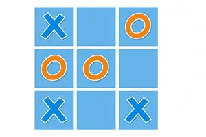 Hình ảnh gồm lưới 3x3 với các ký hiệu X màu xanh và O màu cam trên nền màu xanh