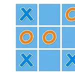 Hình ảnh gồm lưới 3x3 với các ký hiệu X màu xanh và O màu cam trên nền màu xanh