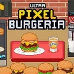 Hình ảnh gồm một chiếc bánh hamburger và ly nước trên bàn đỏ, kèm lò nướng, chai sốt và máy pha nước giải khát ở nền