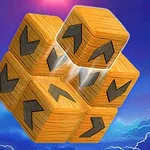 Hình ảnh hiển thị một khối lập phương bằng gỗ với các mũi tên màu đen, nằm trong bầu trời nhiều mây và ánh sáng rực rỡ xung quanh