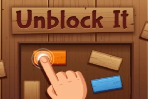 Một ngón tay đang chạm vào khối gỗ màu cam giữa các khối gỗ khác, với chữ Unblock It trên nền gỗ