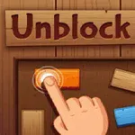 Một ngón tay đang chạm vào khối gỗ màu cam giữa các khối gỗ khác, với chữ Unblock It trên nền gỗ