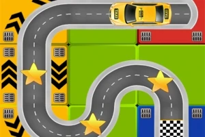 Xe taxi vàng trên đường cong với ba ngôi sao vàng và vạch kẻ ca-rô đen trắng, nền nhiều màu
