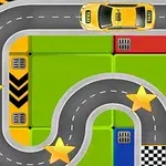 Xe taxi vàng trên đường cong với ba ngôi sao vàng và vạch kẻ ca-rô đen trắng, nền nhiều màu
