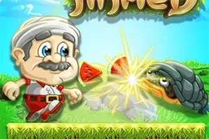Nhân vật hoạt hình già đứng trên nền cỏ cạnh rùa với mảnh dưa hấu và ánh sáng lóe lên giữa họ