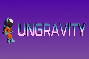 Phi hành gia hoạt hình đứng cạnh chữ UNGRAVITY trên nền tím
