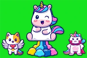 Ba nhân vật hoạt hình đáng yêu gồm một chú kỳ lân lớn ở giữa với bờm nhiều màu và hai nhân vật nhỏ hơn hai bên, một chú mèo có cánh và một chú sư tử nhỏ đội mũ kỳ lân, trên nền màu xanh lá cây