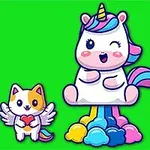 Ba nhân vật hoạt hình đáng yêu gồm một chú kỳ lân lớn ở giữa với bờm nhiều màu và hai nhân vật nhỏ hơn hai bên, một chú mèo có cánh và một chú sư tử nhỏ đội mũ kỳ lân, trên nền màu xanh lá cây
