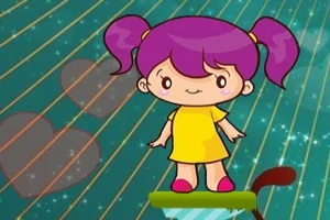 Bé gái với tóc tím, mặc váy vàng, đứng trên nền có các hình trái tim mờ và đường kẻ sọc