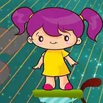 Bé gái với tóc tím, mặc váy vàng, đứng trên nền có các hình trái tim mờ và đường kẻ sọc