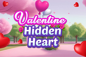 Chữ Valentine Hidden Heart nổi bật trên nền cảnh thiên nhiên với cây cối và bong bóng hình trái tim