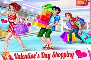 Ba người hạnh phúc mang túi mua sắm đầy màu sắc trong trung tâm thương mại trang trí cho Ngày Valentine