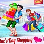 Ba người hạnh phúc mang túi mua sắm đầy màu sắc trong trung tâm thương mại trang trí cho Ngày Valentine