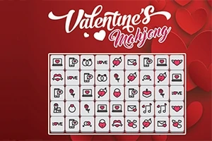 Hình ảnh có nền đỏ với chữ nghệ thuật Valentines Mahjong và một lưới các quân cờ với biểu tượng tình yêu