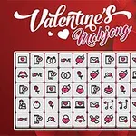 Hình ảnh có nền đỏ với chữ nghệ thuật Valentines Mahjong và một lưới các quân cờ với biểu tượng tình yêu