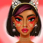 Người phụ nữ với trang điểm sáng tạo, đeo tai mèo châu báu và bông tai trái tim, cùng nền đỏ lãng mạn