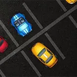 Các xe ô tô màu sắc đỗ trong bãi đậu xe, bao gồm xe đua xanh và xe cứu thương