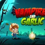 Hình ảnh một cậu bé đội tỏi và một ma cà rồng hoạt hình đối mặt nhau với phông nền u ám