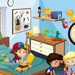 Ba đứa trẻ đang chơi trong một phòng ngủ đầy màu sắc với đồ chơi và kệ sách, có cửa sổ mở nhìn ra ngoài trời