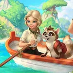 Hai người phụ nữ và một con gấu mèo trên thuyền, một người cầm ống nhòm và người kia chèo, với phong cảnh nhiệt đới phía xa