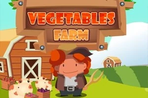 Người nông dân đứng trước trang trại với dòng chữ VEGETABLES FARM ở phía trên và có các chú lợn ở bên cạnh