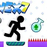 Nhân vật người que chạy qua chướng ngại vật với tên VEX 7 và biểu tượng hóa chất
