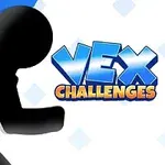 Hình ảnh một nhân vật người que đang chạy về phía bên trái, với chữ VEX Challenges ở bên phải trên nền xanh sọc