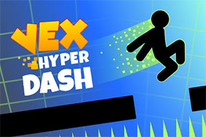 Hình ảnh một nhân vật bóng nhảy qua các chướng ngại vật trên nền xanh với chữ Vex Hyper Dash