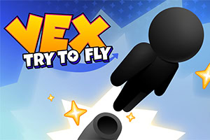 Nhân vật đen đang bay lên từ khẩu pháo giữa nền trời xanh với dòng chữ VEX TRY TO FLY