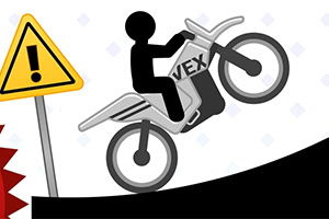 Hình ảnh một nhân vật hình que đang lái xe máy màu xám trên dốc với biển báo cảnh báo màu vàng
