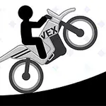 Hình ảnh một nhân vật hình que đang lái xe máy màu xám trên dốc với biển báo cảnh báo màu vàng