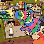 Hình ảnh hai nhân vật hoạt hình đứng bên cạnh một con lừa piñata nhiều màu sắc với bối cảnh trang trí lễ hội vui tươi