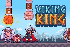 Một chiến binh Viking đang đứng cạnh một người khổng lồ và một con lợn rừng dưới bầu trời xanh, với chữ Viking King ở phía trên